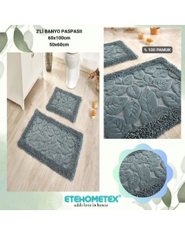 ÇAPA HOME PAMUK 2'Lİ BANYO PASPASI YAPRAK DESEN ANTRASİT 8696474231910